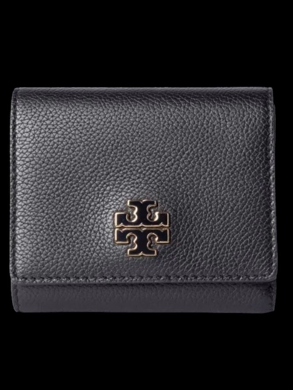Tory Burch Black Pebbled Leather Britten compartment wallet Gold Logo